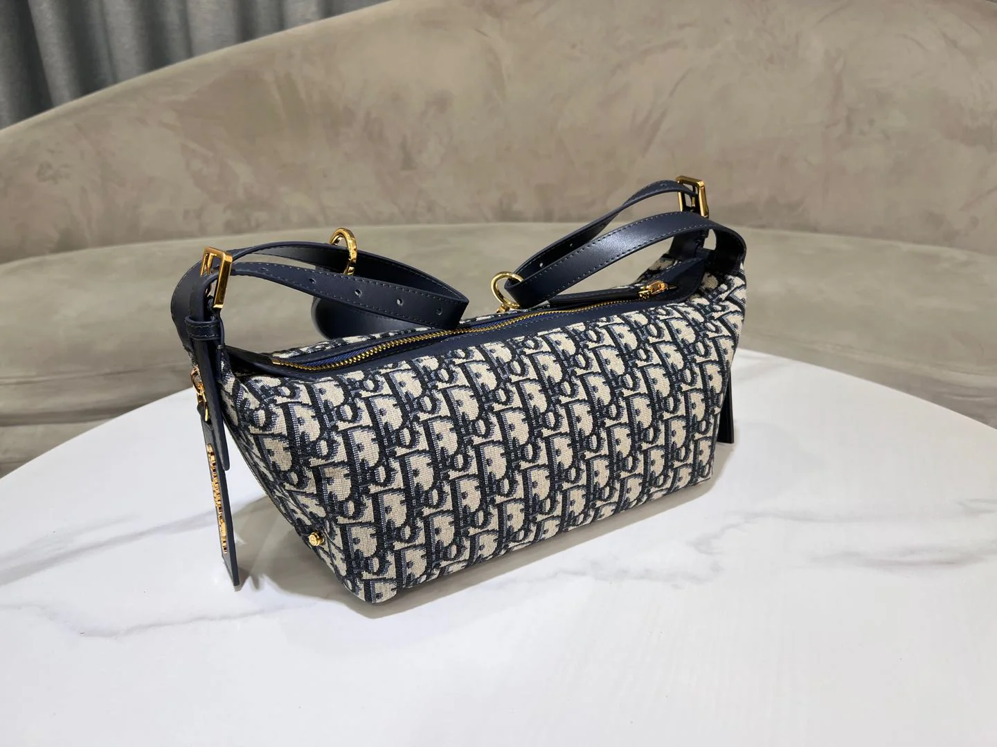 CD Jacquard Hobo Bag 23 With Chain Dark Blue White Canvas - Image 9