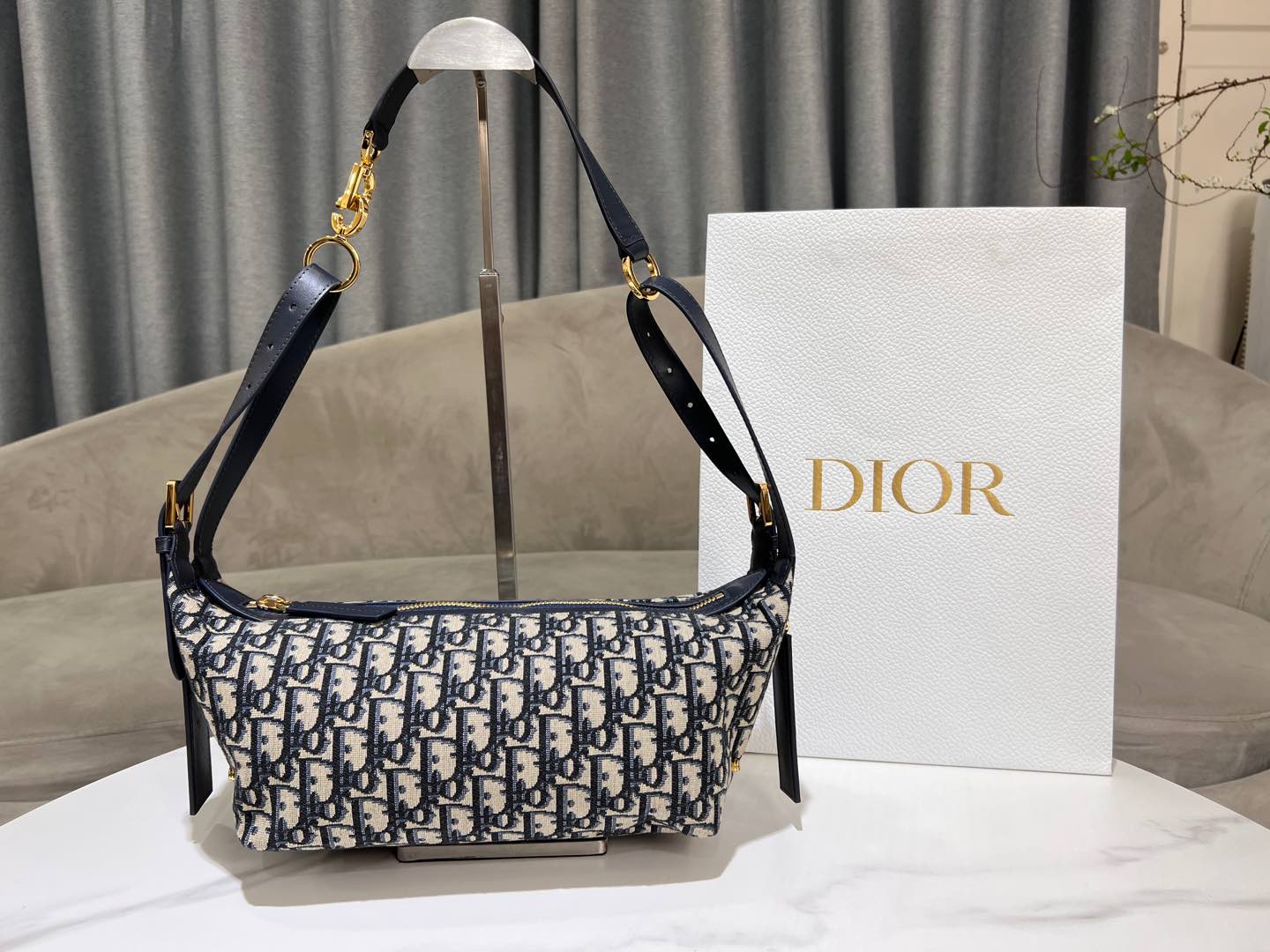 CD Jacquard Hobo Bag 23 With Chain Dark Blue White Canvas - Image 7