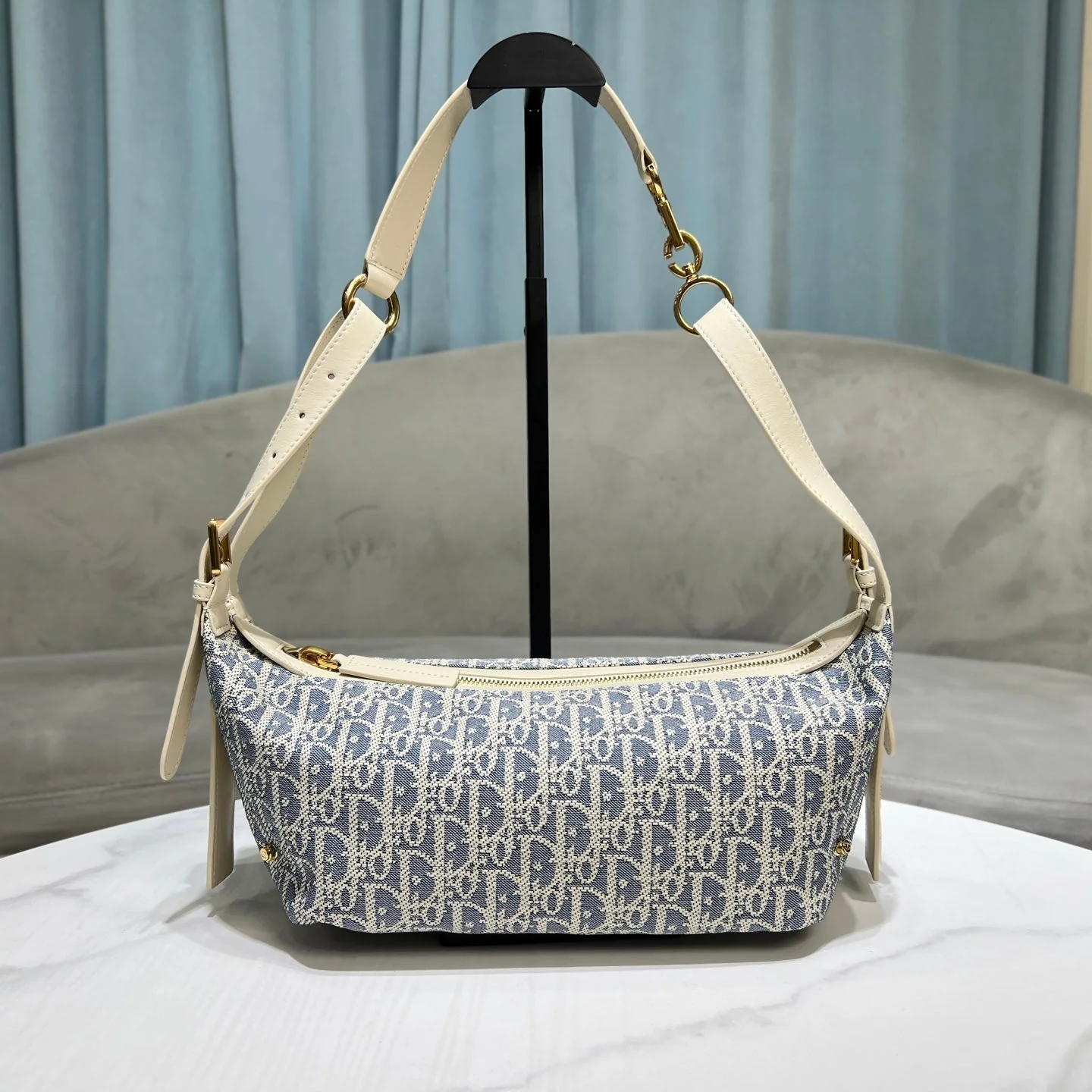 CD Jacquard Hobo Bag 26 With Chain Blue White Canvas