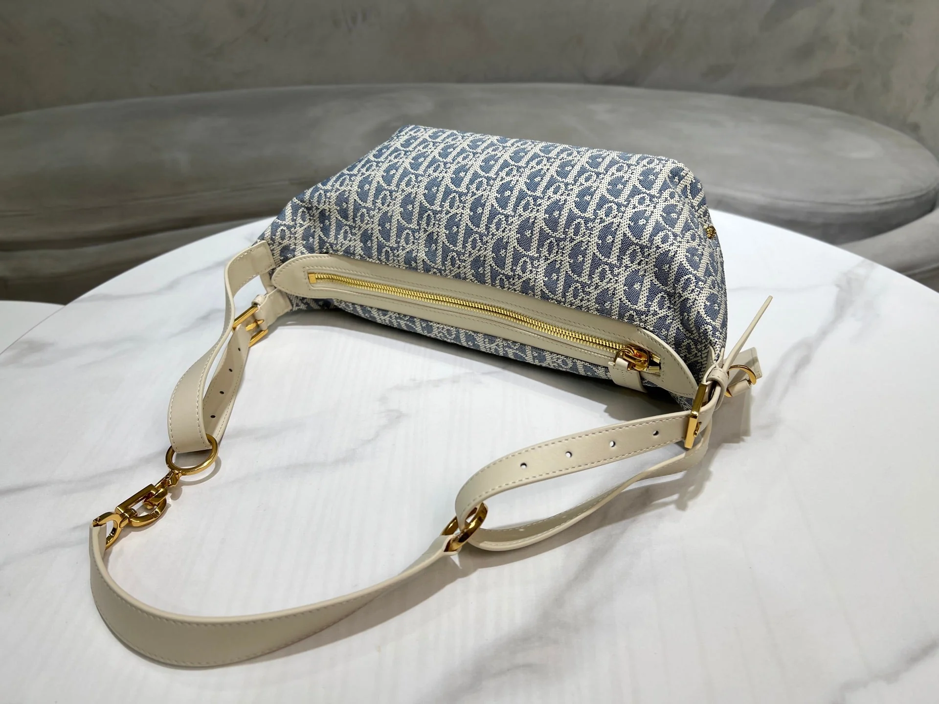 CD Jacquard Hobo Bag 26 With Chain Blue White Canvas - Image 4