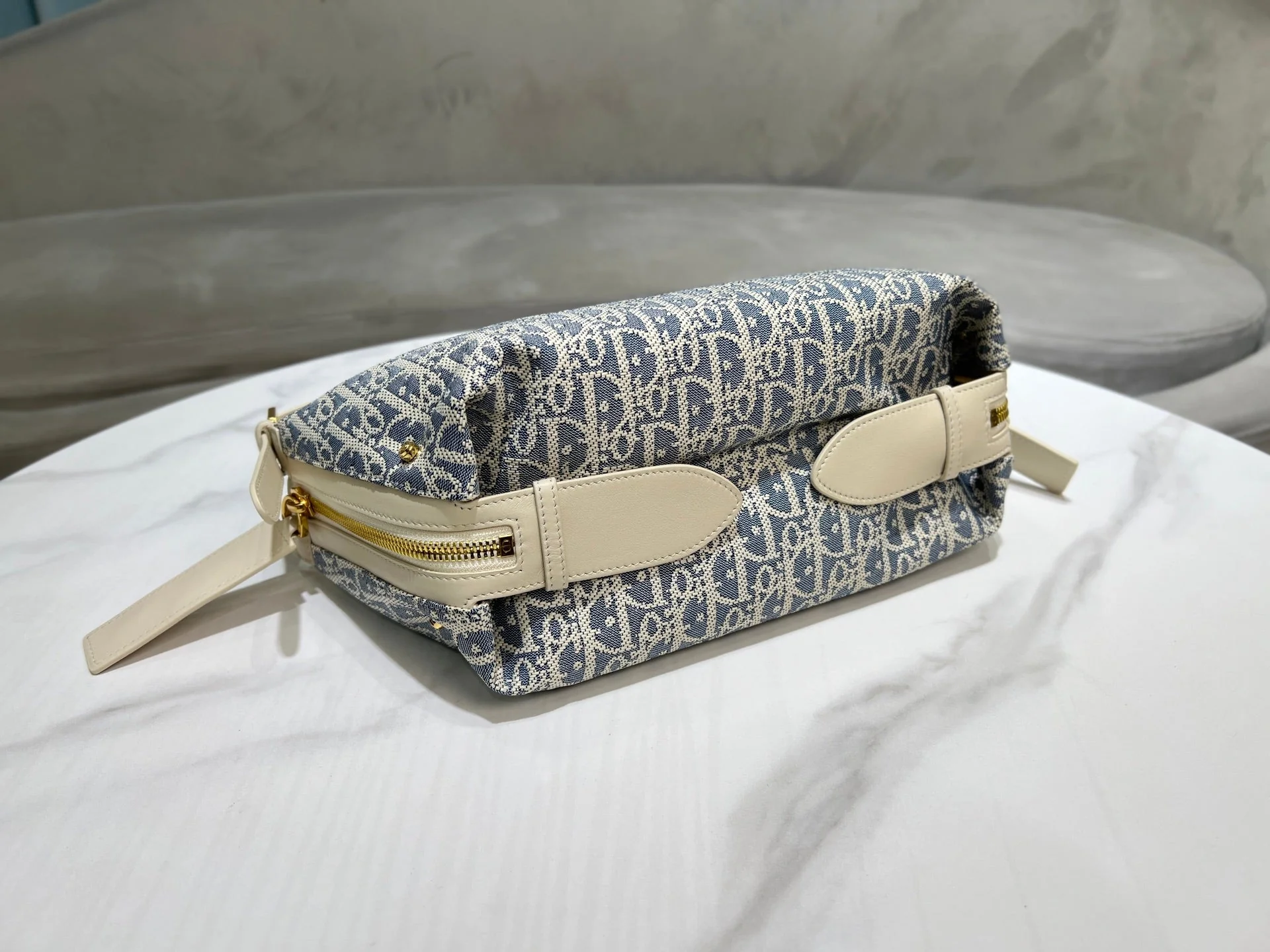 CD Jacquard Hobo Bag 26 With Chain Blue White Canvas - Image 6