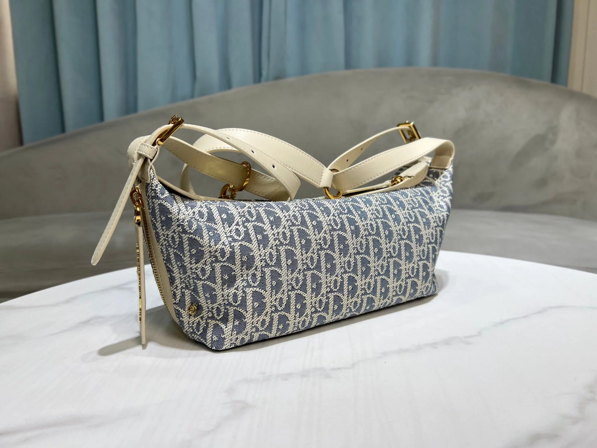 CD Jacquard Hobo Bag 26 With Chain Blue White Canvas - Image 5