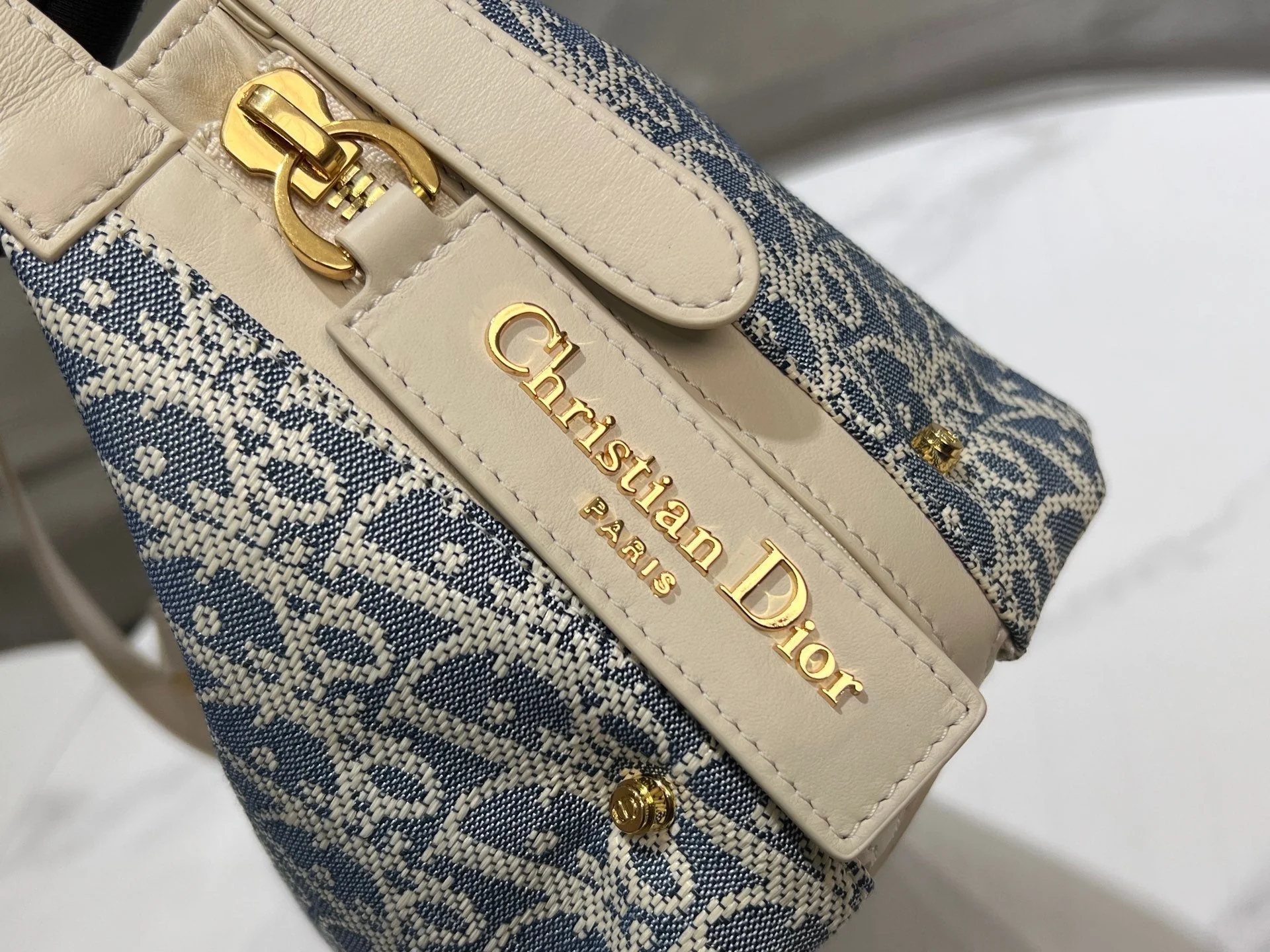 CD Jacquard Hobo Bag 26 With Chain Blue White Canvas - Image 3