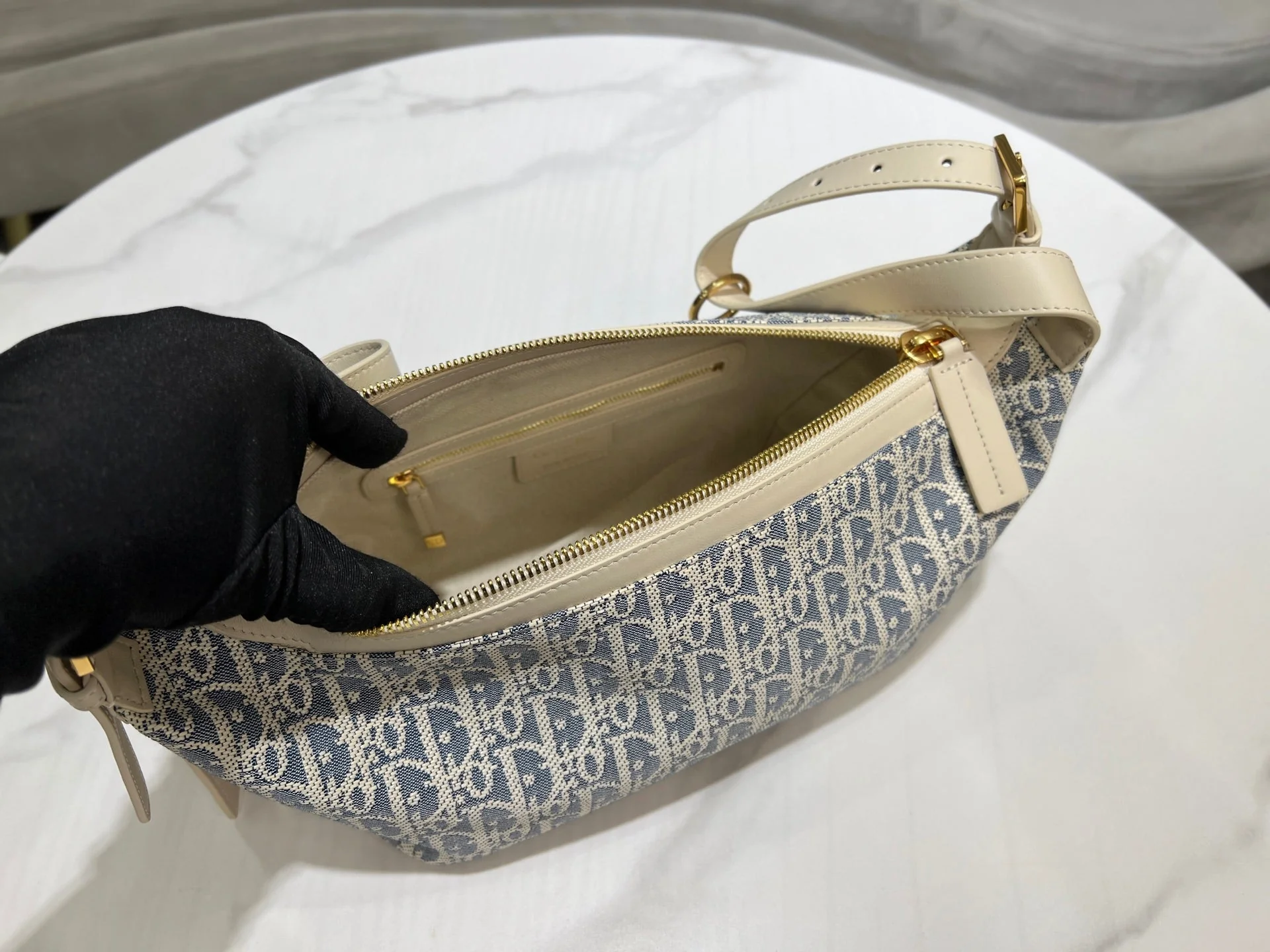 CD Jacquard Hobo Bag 26 With Chain Blue White Canvas - Image 8