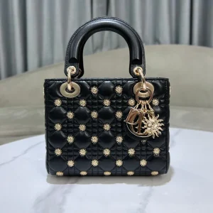 CD Lady Dior Black Cannage Lambskin with Gold-Finish Butterfly Studs