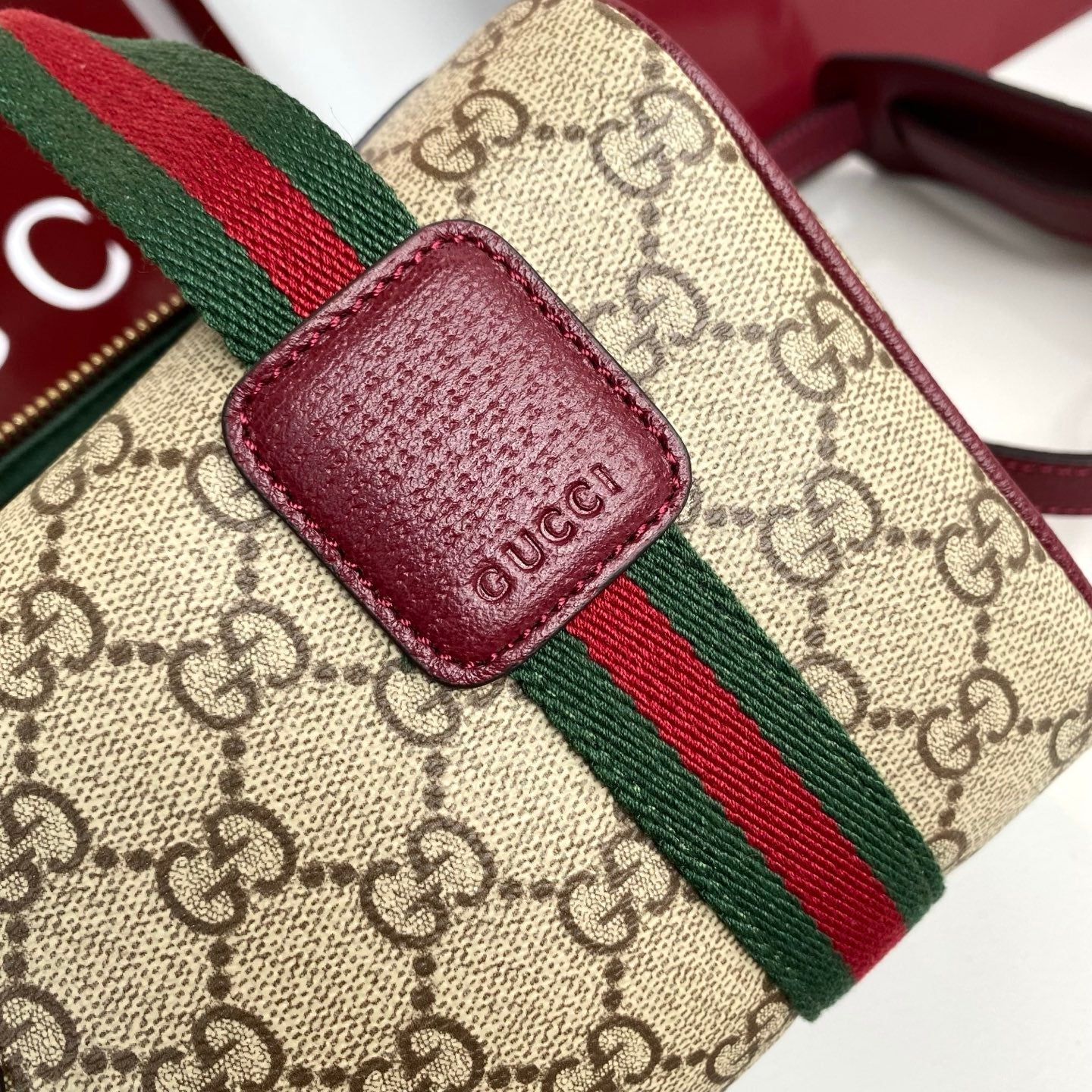 Gucci 25 GG Handbag Beige mix Rosso Ancora Red Canvas Leather 286710 - Image 4