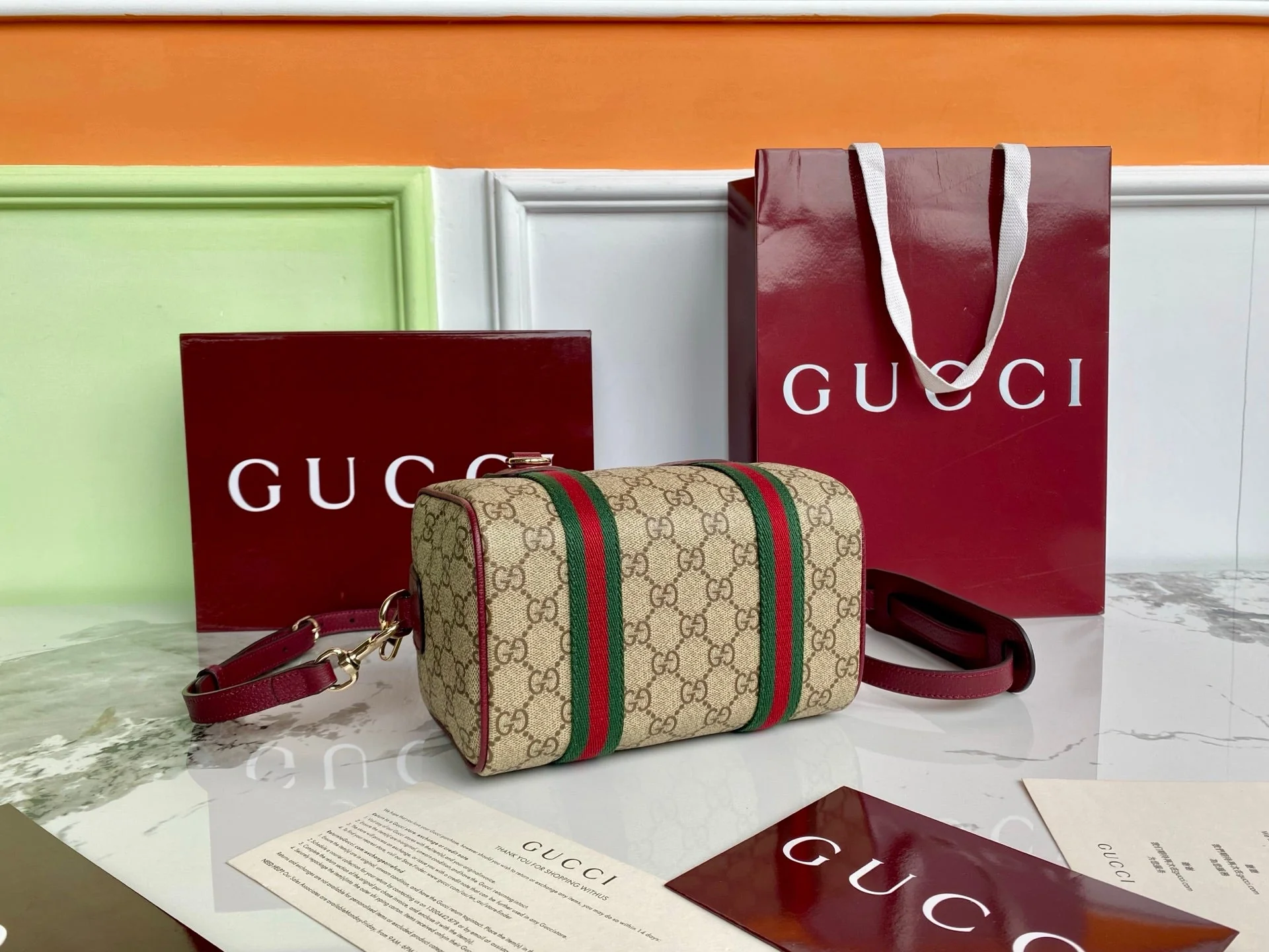 Gucci 25 GG Handbag Beige mix Rosso Ancora Red Canvas Leather 286710 - Image 5