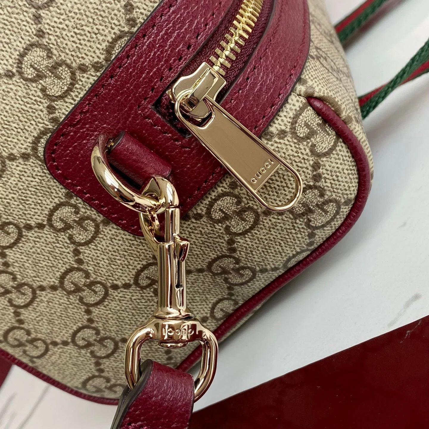 Gucci 25 GG Handbag Beige mix Rosso Ancora Red Canvas Leather 286710 - Image 6