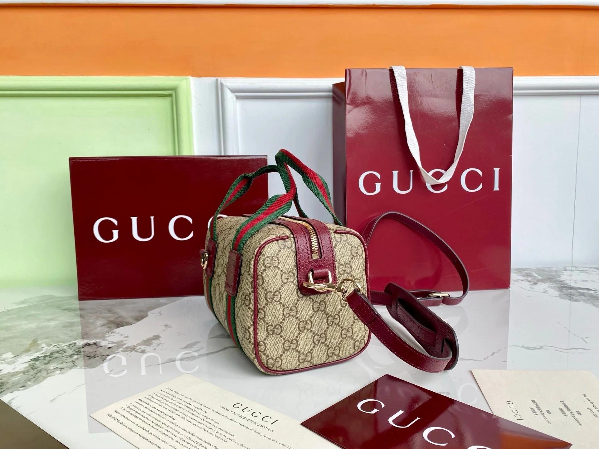Gucci 25 GG Handbag Beige mix Rosso Ancora Red Canvas Leather 286710 - Image 9