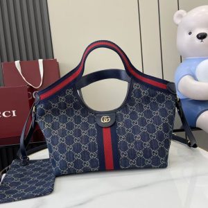 Gucci 25 Giglio 25cm Bag Blue Denim Leather 292387
