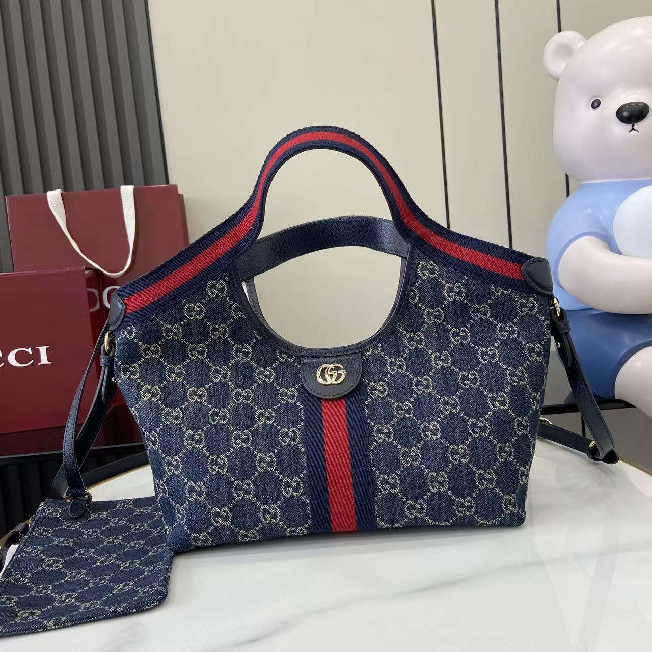 Gucci 25 Giglio 25cm Bag Blue Denim Leather 292387