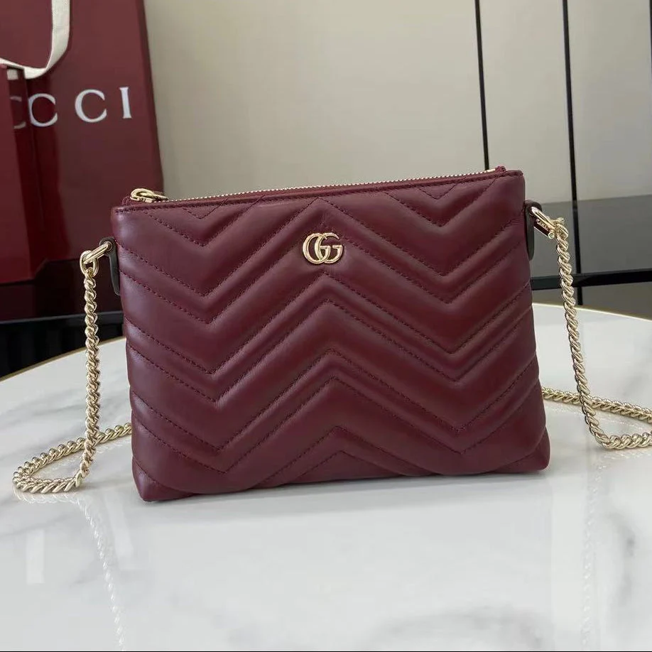 Gucci 25 Marmont Pochette With Chain Rosso Ancora Red Cowhide 294894