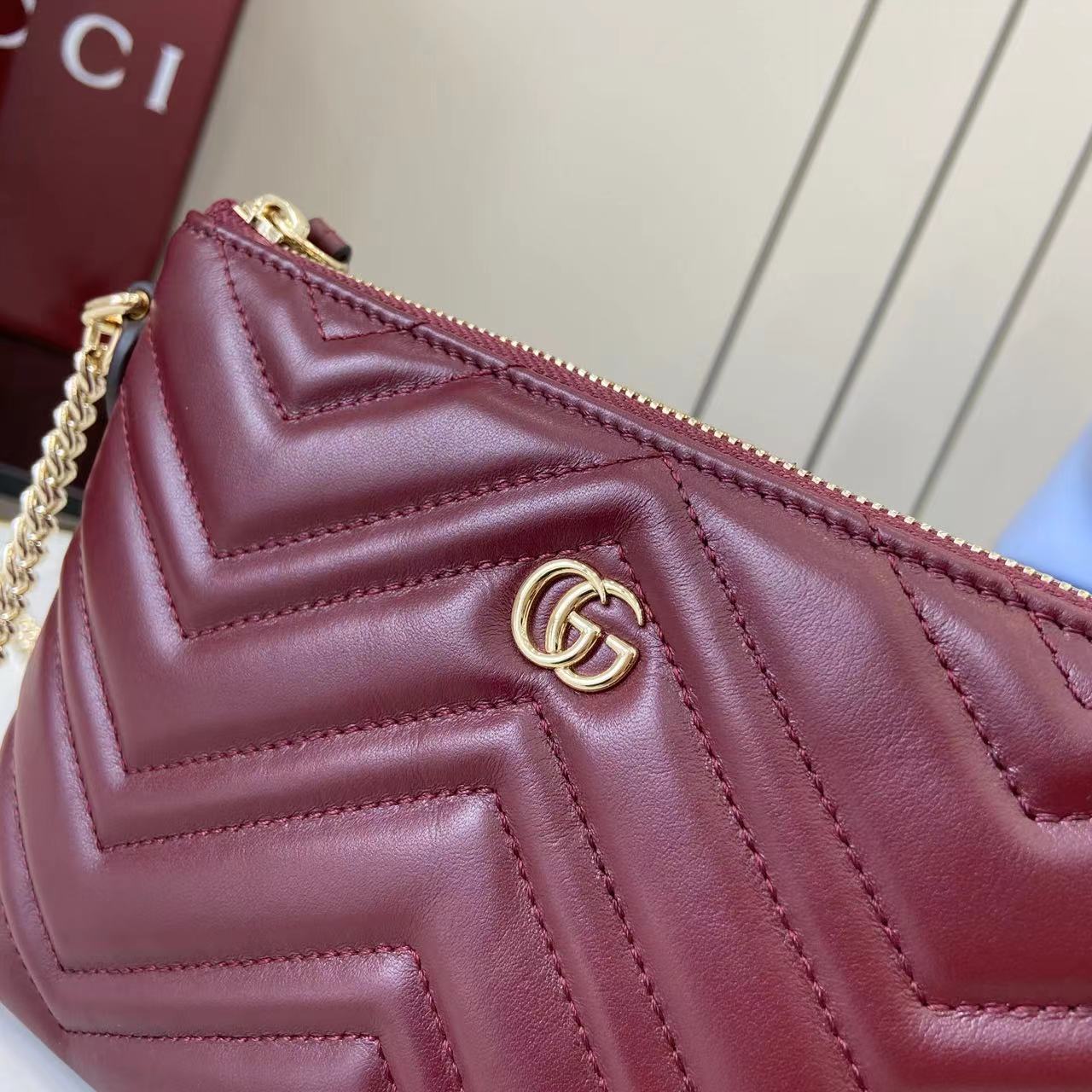 Gucci 25 Marmont Pochette With Chain Rosso Ancora Red Cowhide 294894 - Image 8