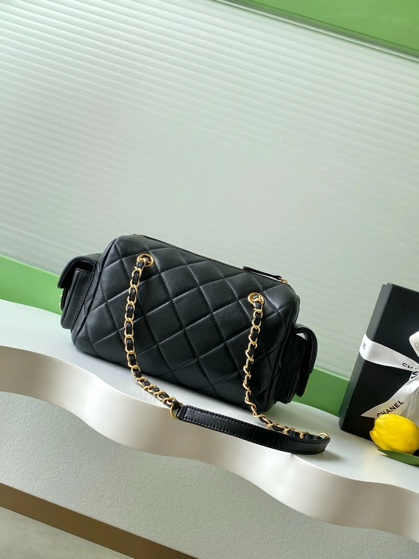 Chanel 25K Bowling Bag Black Gold Sheepskin 294981 - Image 7