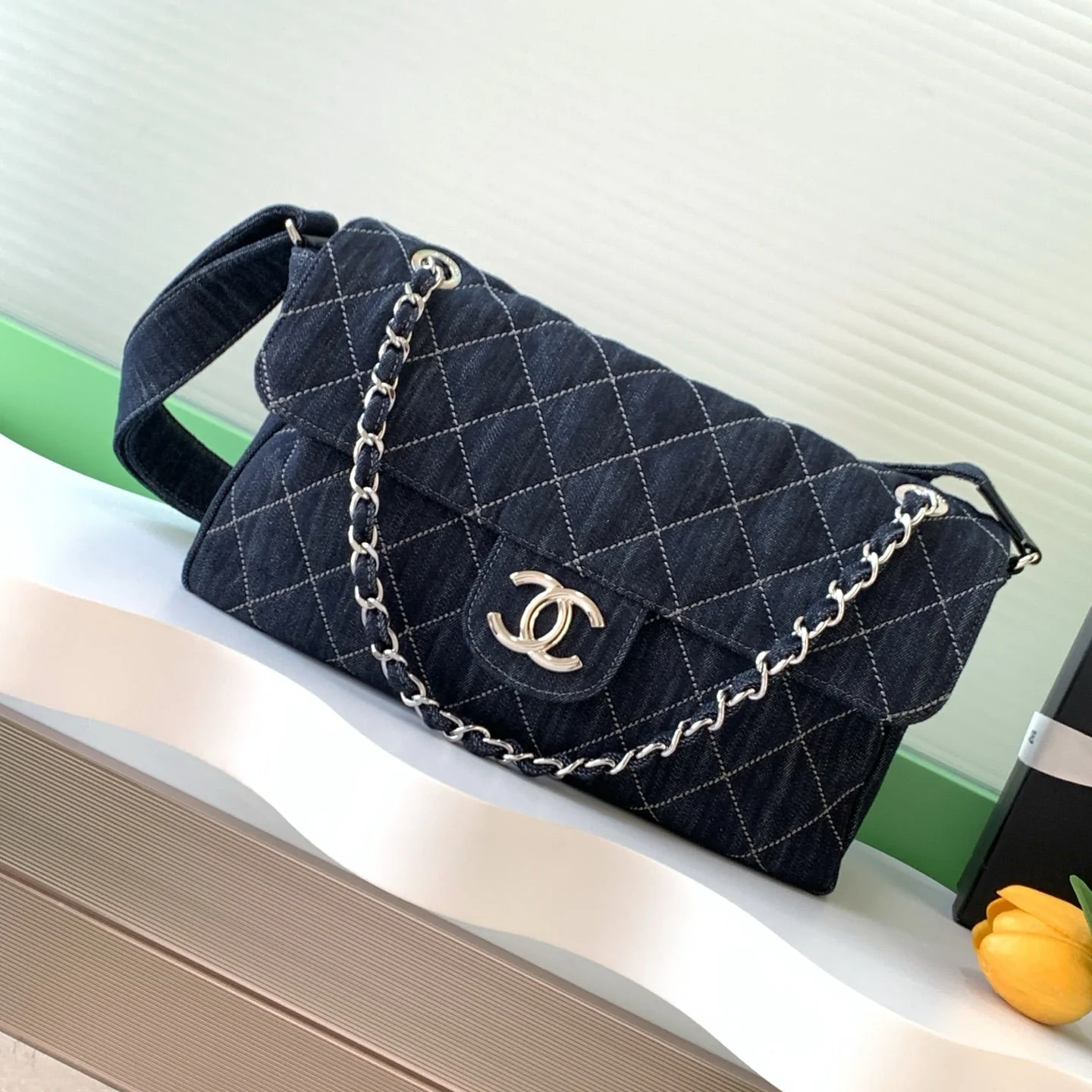 Chanel 25 Bag Navy Blue 34cm Denim Fabric 289496