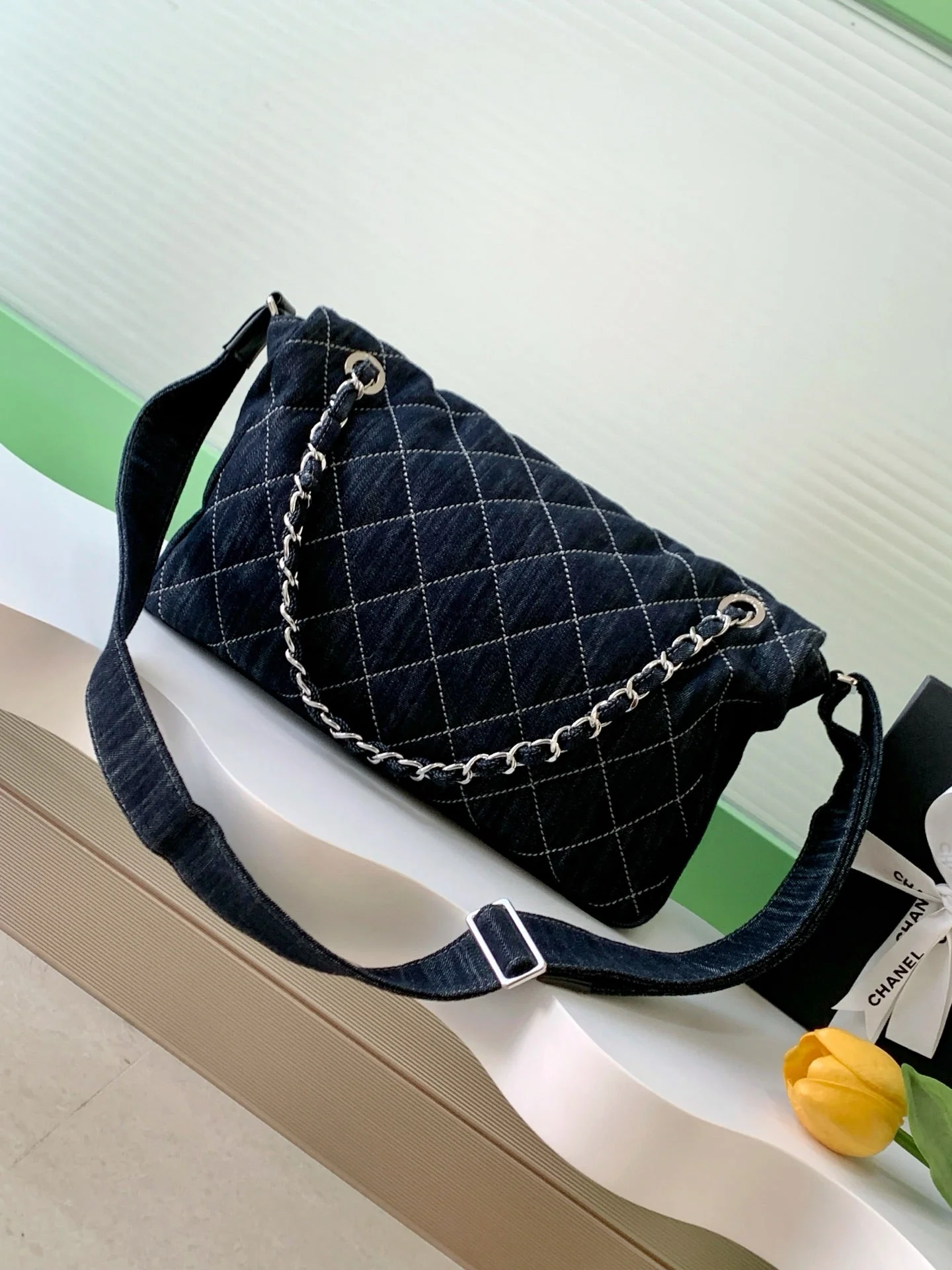 Chanel 25 Bag Navy Blue 34cm Denim Fabric 289496 - Image 7