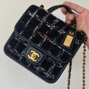 CC 2025 Small Flap Bag 21 Black Tweed Leather Gold Hardware