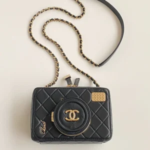 CC 2025 camera bag black lambskin gold hardware