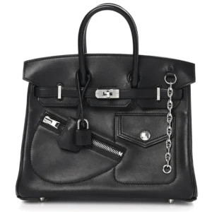 Hermes 25 Veau Volupto Rock Birkin Bag 25cm Black Silver Smooth Leather
