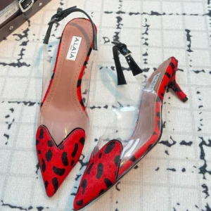 Alaia Heart 50mm Heels Slingbacks Red Leopard Sheepskin 810204