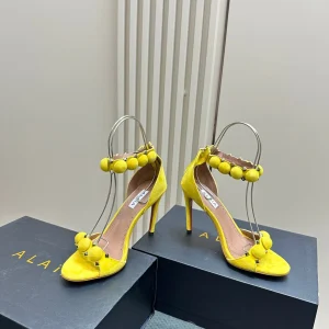 ALAIA HIGH HEEL SANDAL 10 CM IN BRIGHT YELLOW SUEDE