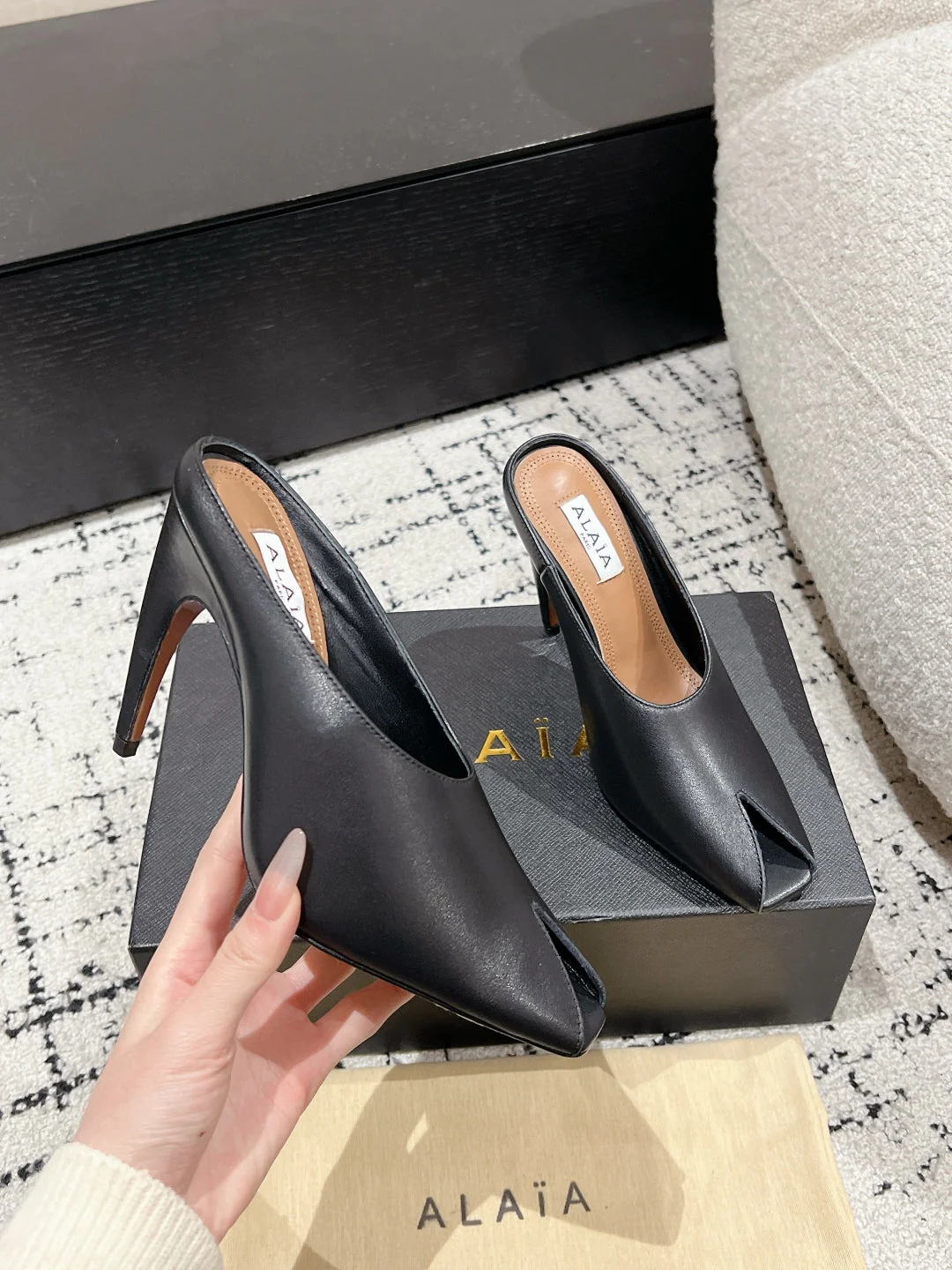 Alaia 25 Spike High Heel Mules Black Lampskin 293181 - Image 5