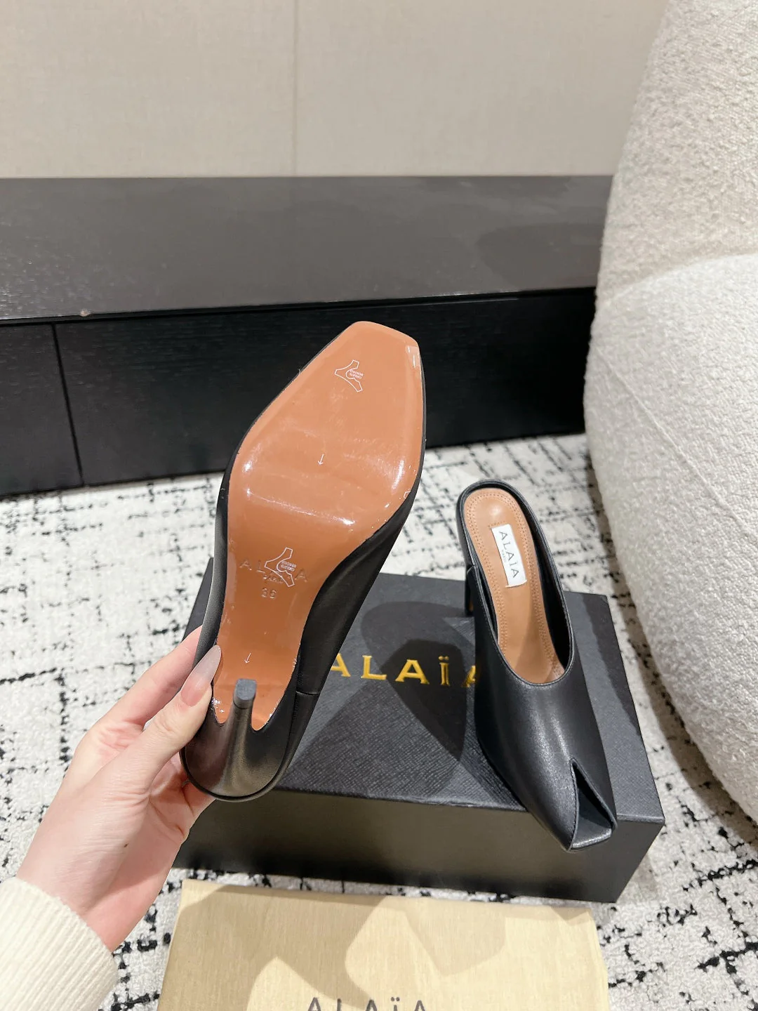 Alaia 25 Spike High Heel Mules Black Lampskin 293181 - Image 9