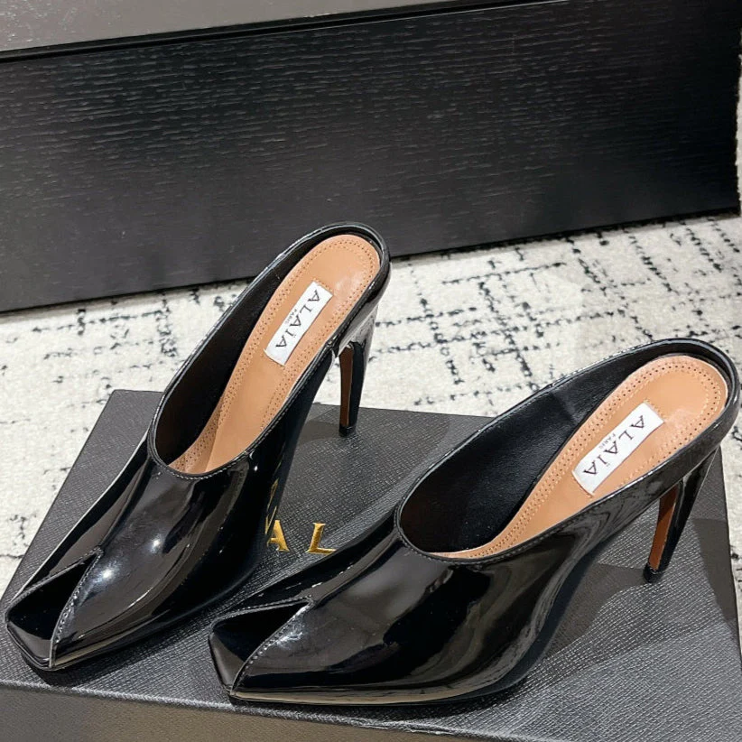 Alaia 25 Spike High Heel Mules Glossy Black Lampskin 293184
