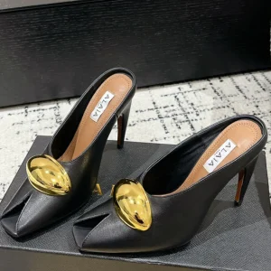 Alaia 25 Azzedine High Heels Mules With Gold Hardware Black Calfskin 293185