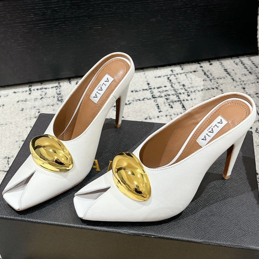 Alaia 25 Azzedine High Heels Mules With Gold Hardware White Calfskin 293186