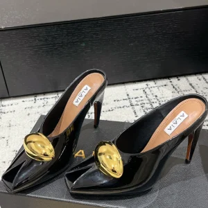 Alaia 25 Azzedine High Heels Mules With Gold Hardware Glossy Black Calfskin 293188
