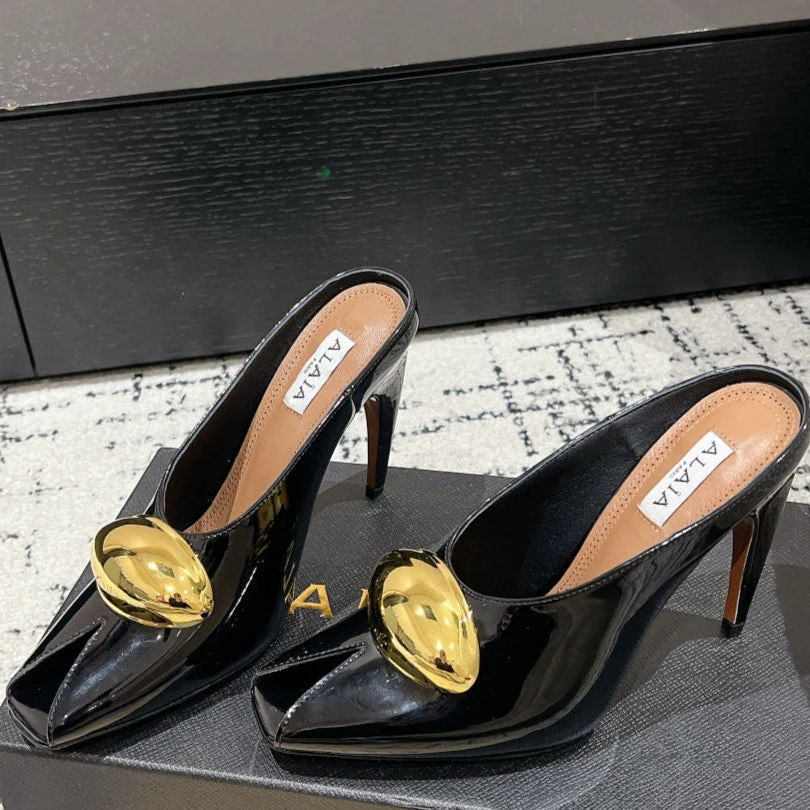 Alaia 25 Azzedine High Heels Mules With Gold Hardware Glossy Black Calfskin 293188