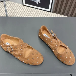 Alaia 2025 Criss Cross With Stud Ballet Flats Brown Beige Suede 293207