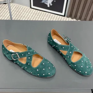Alaia 2025 Criss Cross With Stud Ballet Flats Emerald Green Suede 293208