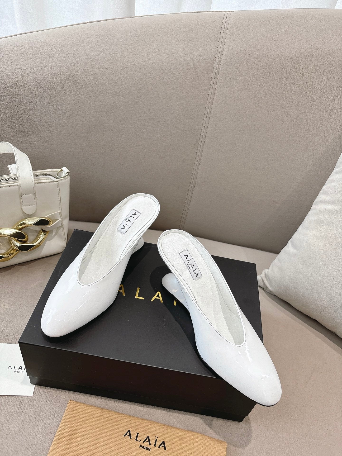 Alaia 25 Curve Wedge Mules White Lambskin 293554 - Image 7