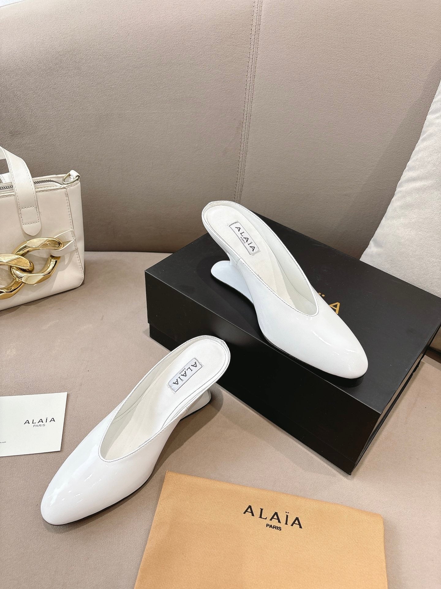 Alaia 25 Curve Wedge Mules White Lambskin 293554 - Image 8