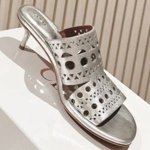 Alaia 2025 Vienne Cutout Kitten-Heel Slide Sandals Silver Leather 293647