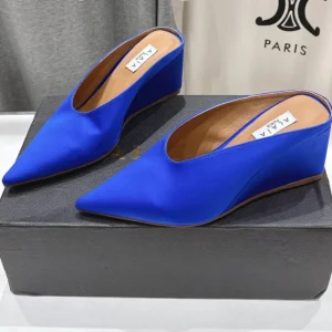 Alaia 25 Cube Wedge Mules Blue Silk Sheepskin 300081