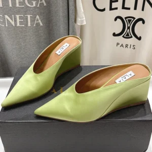 Alaia 25 Cube Wedge Mules Avocado Green Silk Sheepskin 300085