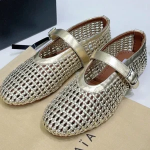 Alaia 25 Marry Janes Ballet Flats Gold Wool Sheepskin 300456