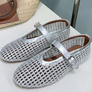 Alaia 25 Marry Janes Ballet Flats Silver Wool Sheepskin 300457