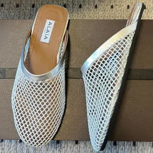 Alaia 25 Fishnet Flat Mules Silver Lampskin 303679