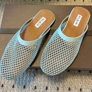 Alaia 25 Fishnet Flat Mules Lagoon Green Lampskin 303684