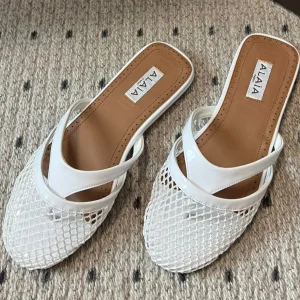 Alaia 25 Infradito Fishnet Flat Mules White Lampskin 303706