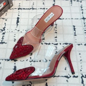 Alaia Heart With Crystals 90mm Heels Mules Red Sheepskin  800949
