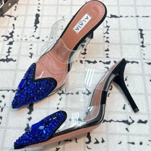 Alaia Heart With Crystals 90mm Heels Mules Dark Blue Sheepskin 800948