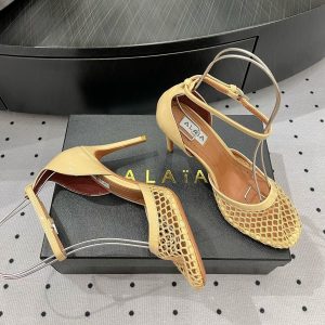 Alaila High Fishnet Pumps 90mm In Light Yellow Mesh Fabric 954852