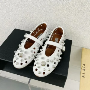 Alaila Ballet Flats In White Lambskin Beaded  897248