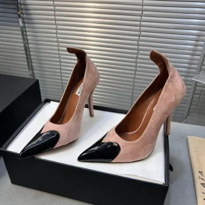 ALAIA HIGH PUMPS 10CM IN ALMOND BEIGE SUEDE MIX BLACK CALFSKIN