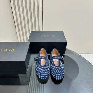 ALAIA CRYSTAL EMBELLISHED BALLET FLATS IN NAVY BLUE SUEDE
